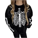SweatyRocks Women's Halloween Skull Graphic Oversized Sweatshirt Crewneck Long Sleeve Pullover Top