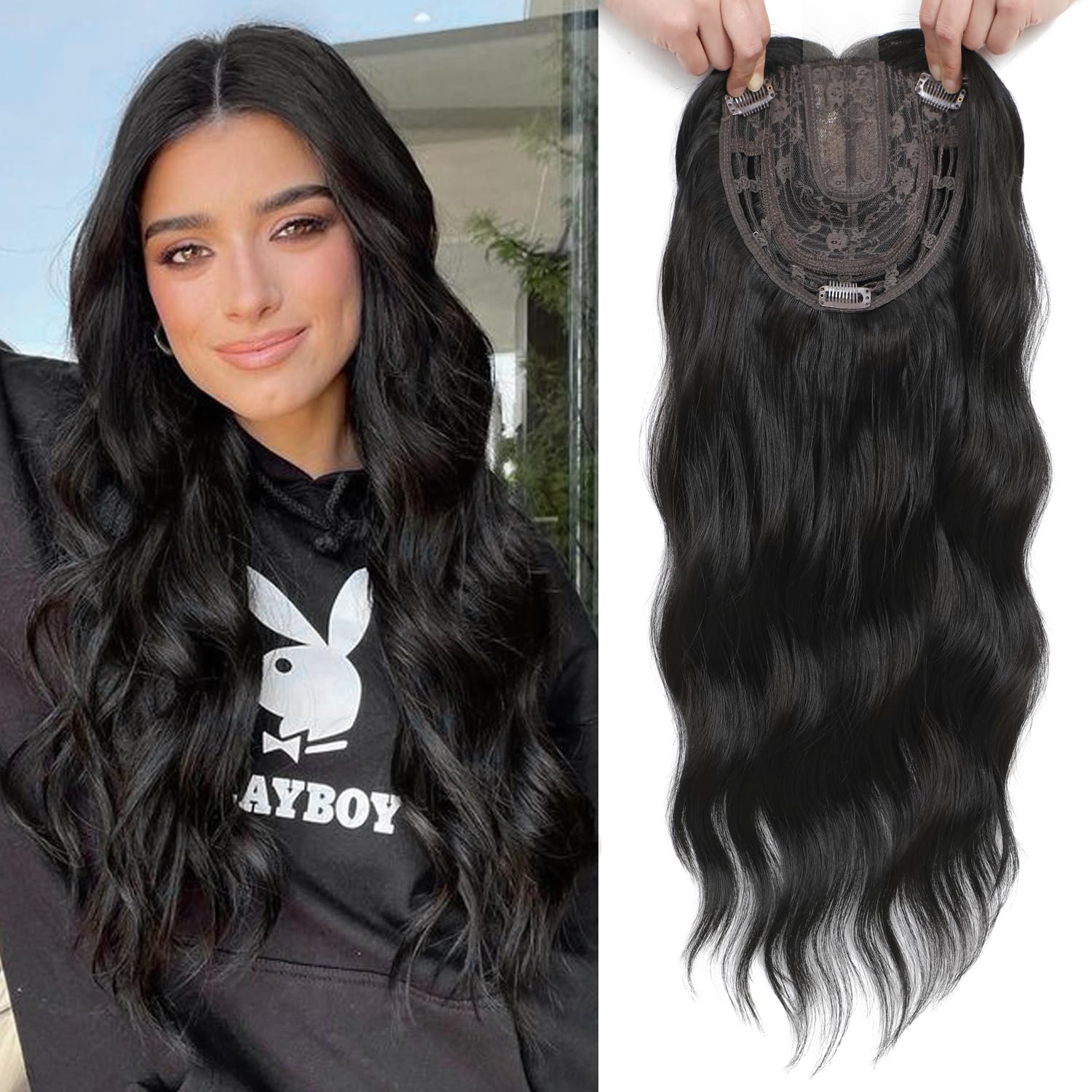 VEGALILY 20inch Hair Topper, 7x7" Base Size Wavy Hair Topper for Women, Natural Black Hair Toppers for Thinning Hair, Handmade Natural Hairline Hair Toppers Fake Hair Pieces for Women