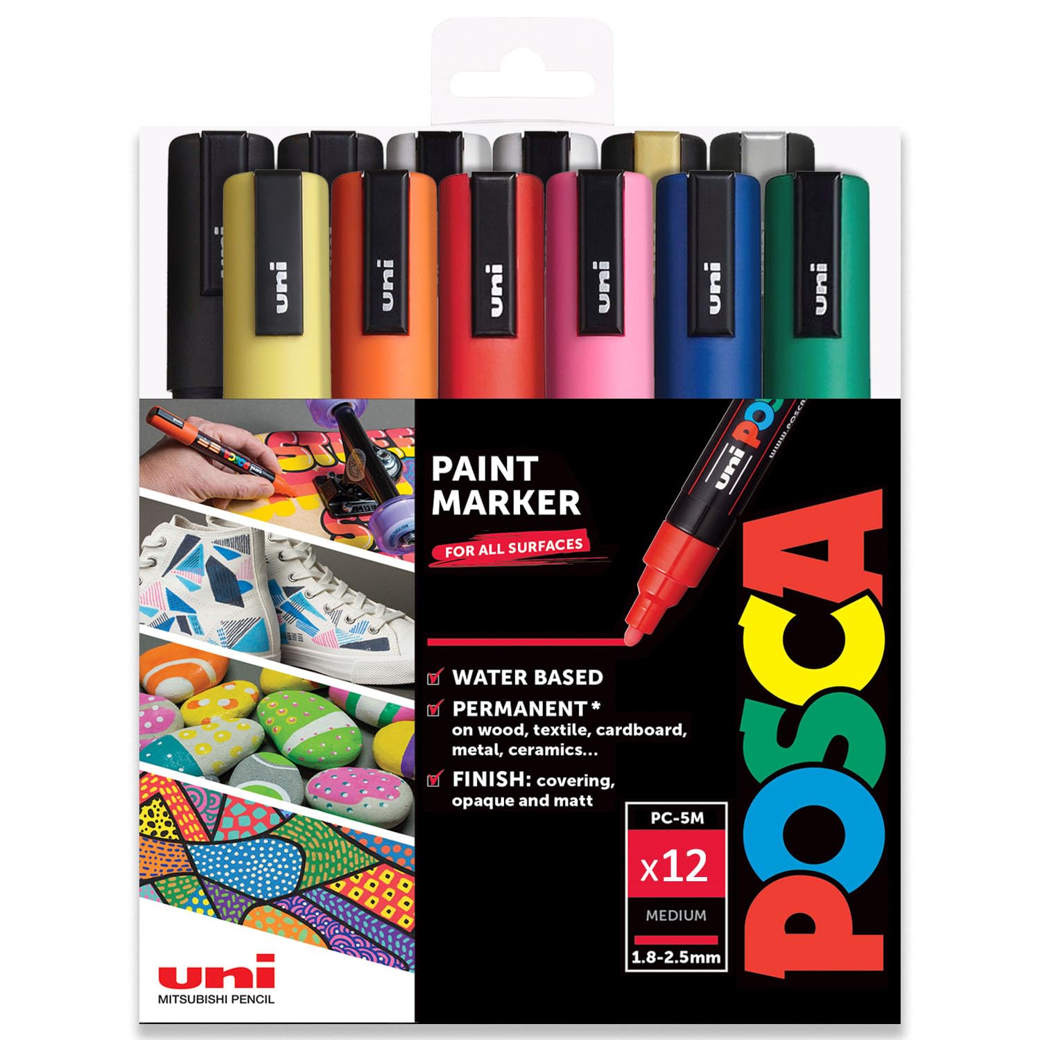 Posca Uni PC-5M Paint Pen Art Marker Pen - Professional 12 Pen Set - Extra Black + White