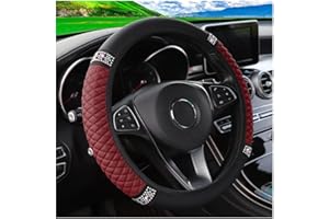 AUKEPO Bling Leather Steering Wheel Cover Protector, Elastic PU Leather with Colorful Rhinestones Crystal Diamond, Sparkling Accessories for Women Girls, Universal 15 Inch for Most Cars (Wine Red)