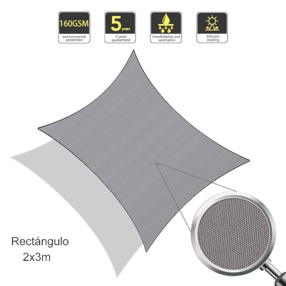 Sunnylaxx Wasserdicht Sonnensegel Sonnenschutz Garten - Rechteck 2x3m, UV-Schutz wetterbeständig Segel, Grau