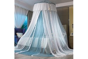 VETHIN Princess Bed Canopy for Girls,Bed Canopy Curtain- Double Layer Sheer Mesh Dome Bed Curtain- Round Lace Princess Mosquito Net Tent with led Stars String Lights(Blue/White)