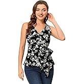 Allegra K Women's Sleeveless V Neck Tie Waist Asymmetric Hem Wrap Peplum Top