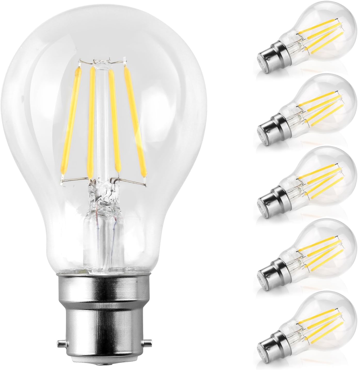 Ascher LED Classic B22 Bayonet Cap Light Bulbs / 6W, Equivalent 60W, 800lm / Daylight White 6000K / Filament Clear/Non Dimmable/Pack of 5 [Energy Class A+]