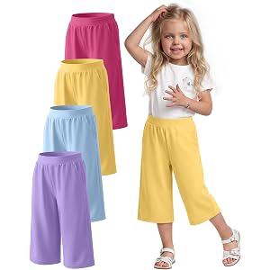 YooAurvox 4 Pack Toddler Girls' Capri Pants | Loose Wide Leg Pants, Casual, Leggings Clothes for Baby Girls, with Pockets, Cu