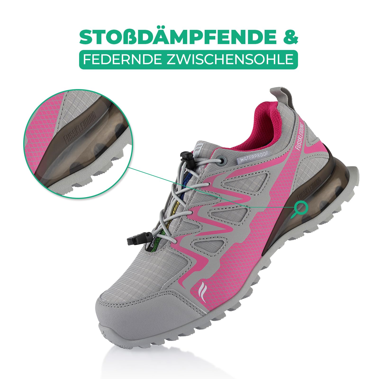 Fusskleidung® Damen Herren Wanderschuhe wasserdichte Trail Running Trekkingschuhe Grau Pink EU 36 3