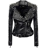 SX Women Punk Faux Leather PU Black Jacket Studded Rivet Fashion Streetwear Motorcycle Coat