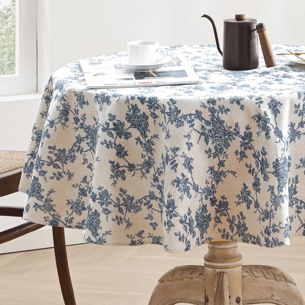 Photo 1 of Aoztio Cotton Linen Round Tablecloth - Pastoral Floral Tablecloth Washable Table Cloth for Kitchen Dining Room Table Cover for Party Dinner, Picnic, Round 55 Inchs