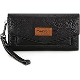 Montana West X Wrangler Black Wallet for Women Large Wristlet Wallet with Rfid Lining Trifold Cash Wallet with Coin Purse and Detachable Wrist Strap