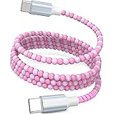 USB C to USB C Cable 6FT,60W Fast Charging Beaded Charger Cord for iPhone 17 16 15Pro Max iPad Pro Air 11th for Samsung S25 Ultra S24 S23 FE A16 Android Phone Charger Cable Cute Girls Women,Light-Pink