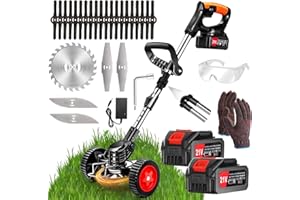 XBZZGMG Electric Weed Wacker Battery Powered 21V Grass Trimmer with Wheels Cordless 2 4.0 Ah Batteries & 3 Types Blade 3 in 1 Stringless Weed Trimmer/Lawn Edger/Brush Cutter for Garden and Yard Lawn