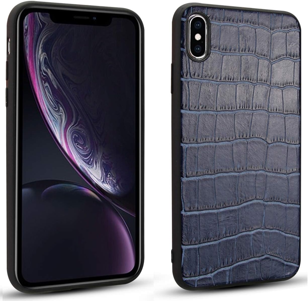 Reginn iPhone X Case, iPhone Xs Case, Wireless Charging Compatible Phone Bumper, Genuine Leather Coated Soft TPU Case for iPhone X and iPhone Xs (Crocodile Pattern Blue)