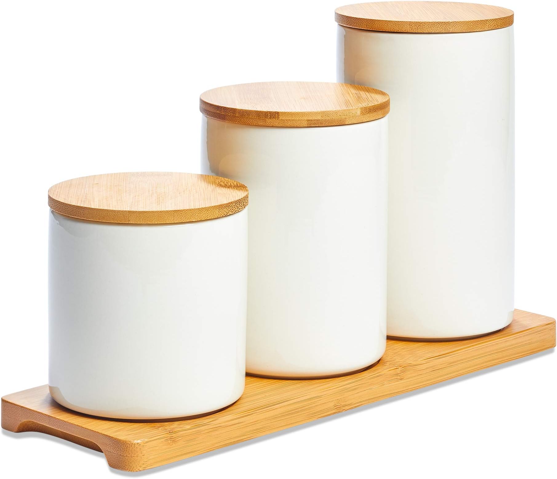 White Ceramic Kitchen Canisters, Set of Three with Real Bamboo Lids and Organizer Tray with Silicon Airtight Seals, for Dry Food Storage, Perfect for Coffee, Tea, Sugar, Spice, Candy, Cookies, Flour