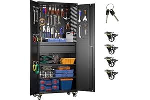 GLADIW Metal Storage Cabinet with Wheels, Steel Storage Cabinet with 1 Drawer and 2 Adjustable Shelves for Homes, Offices, Kitchens, Schools and Pantries