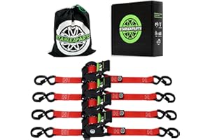 STARLEAPARTS Retractable Ratchet Straps (4PK 1.0INX12FT) - 1,500lb Break Strength, Heavy Duty with Rubber Coated Handle, Perfect for Motorcycle & Trucks (Red)