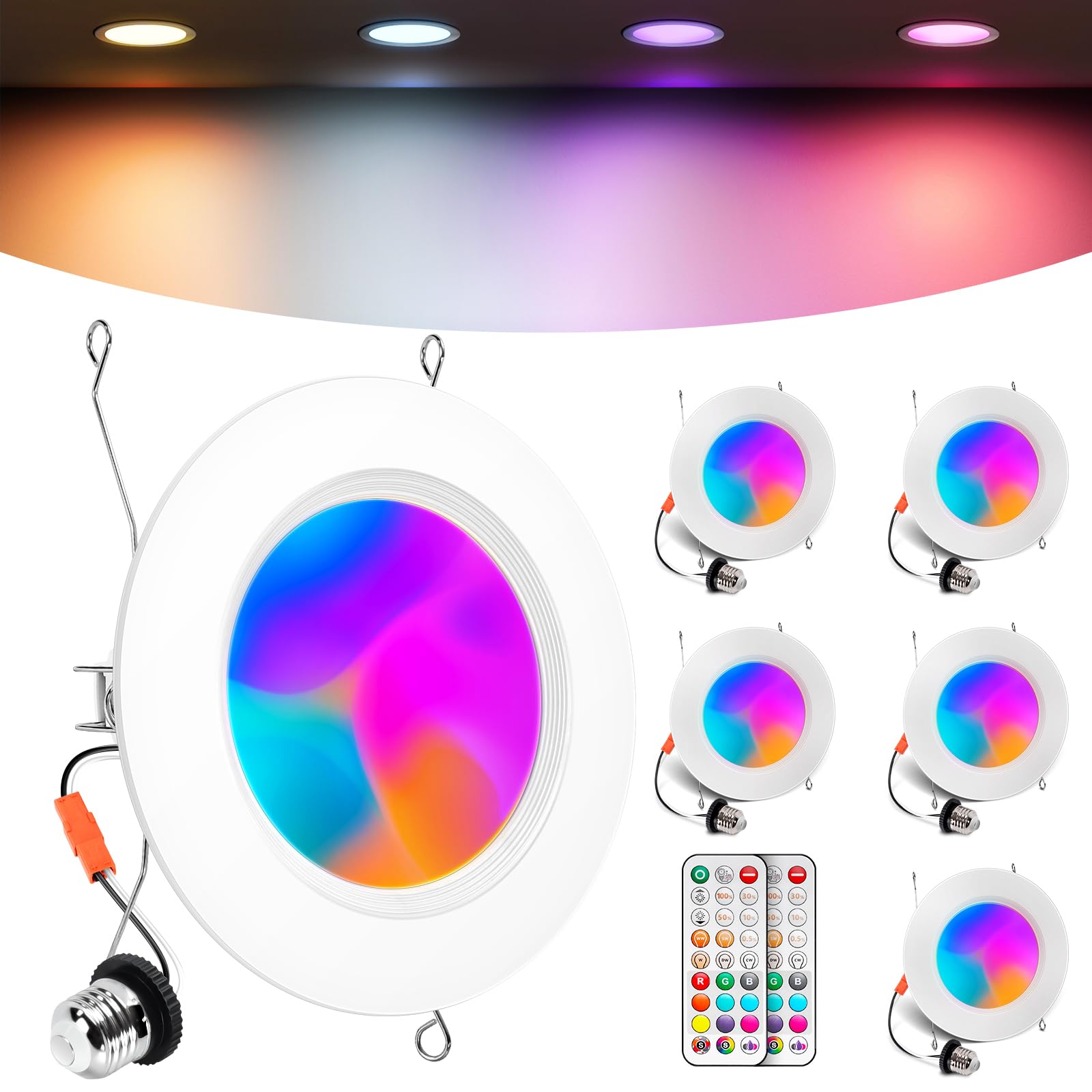 Photo 1 of VARICART Recessed Lighting 6 Inch, RGBCW Color Changing E26 Can Lights with Remote Control, Flicker Free, 13W 1300LM, Dimmable Retrofit Downlight, ETL, 6 Pack