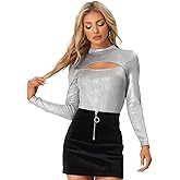 Allegra K Glitter Top for Women's Cutout Mock Neck Long Sleeve Party Sparkle Tops