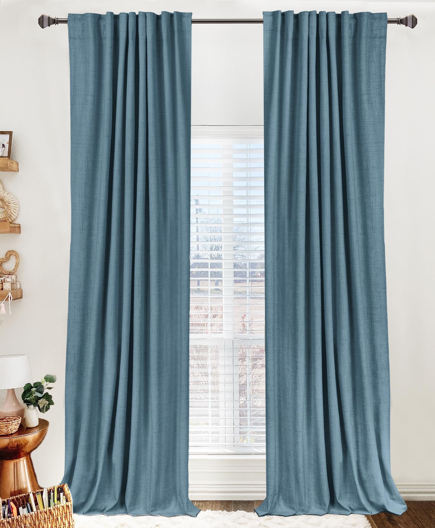 Photo 1 of 100% Blackout Shield Linen Blackout Curtains for Bedroom 96 Inches Long, Back Tab/Rod Pocket Living Room Drapes, Thermal Insulated Blackout Curtains 2 Panels Set, 50" W x 96" L, Stone Blue
