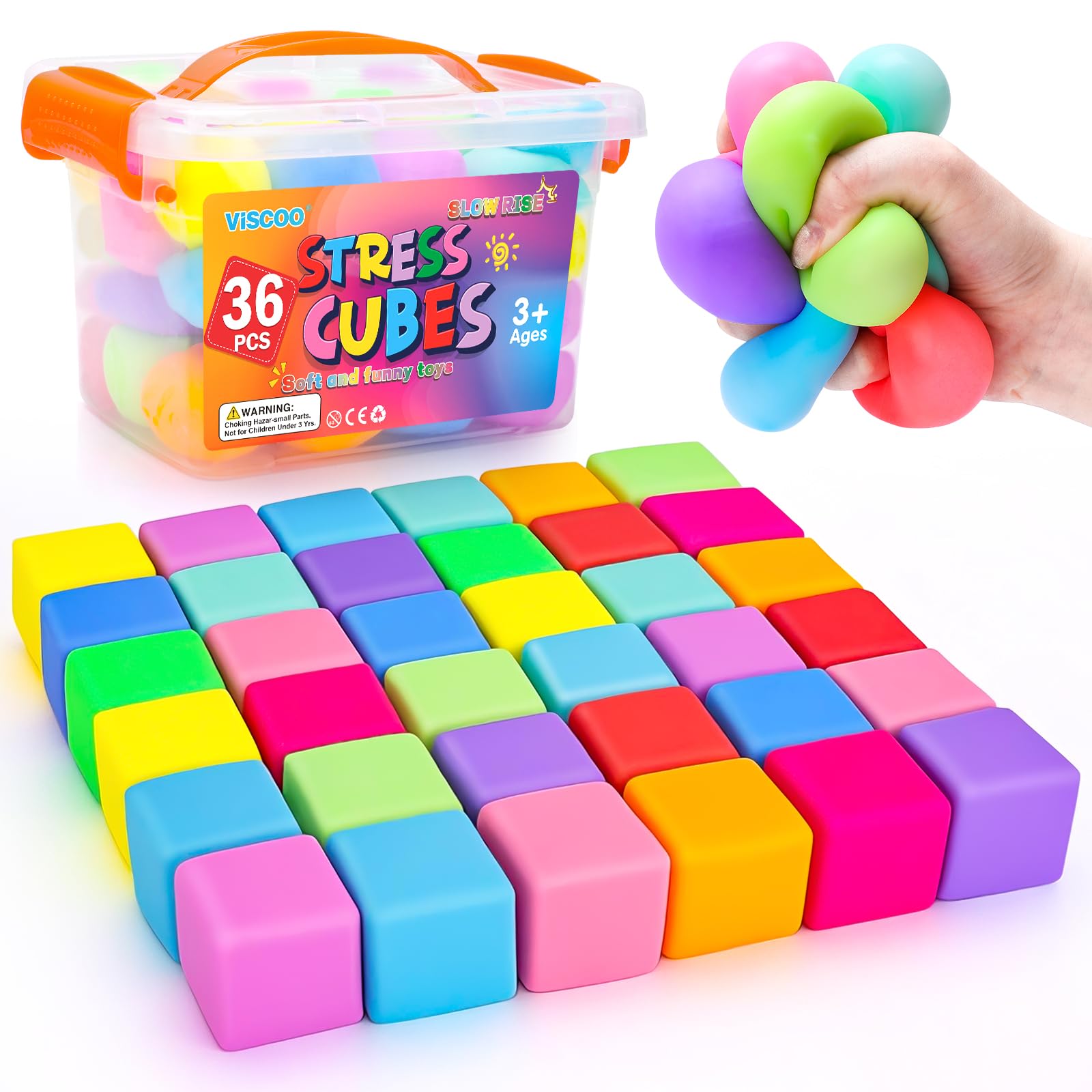 Photo 1 of 36 Pack Slow Rising Stress Cube, Dough Stress Balls Squishy Fidget Toys Bulk for Anxiety Relief, Soft Fidget Cube, Pull Stretch Squishy Toys for Classroom Prize, Party Favors for Kids Adults