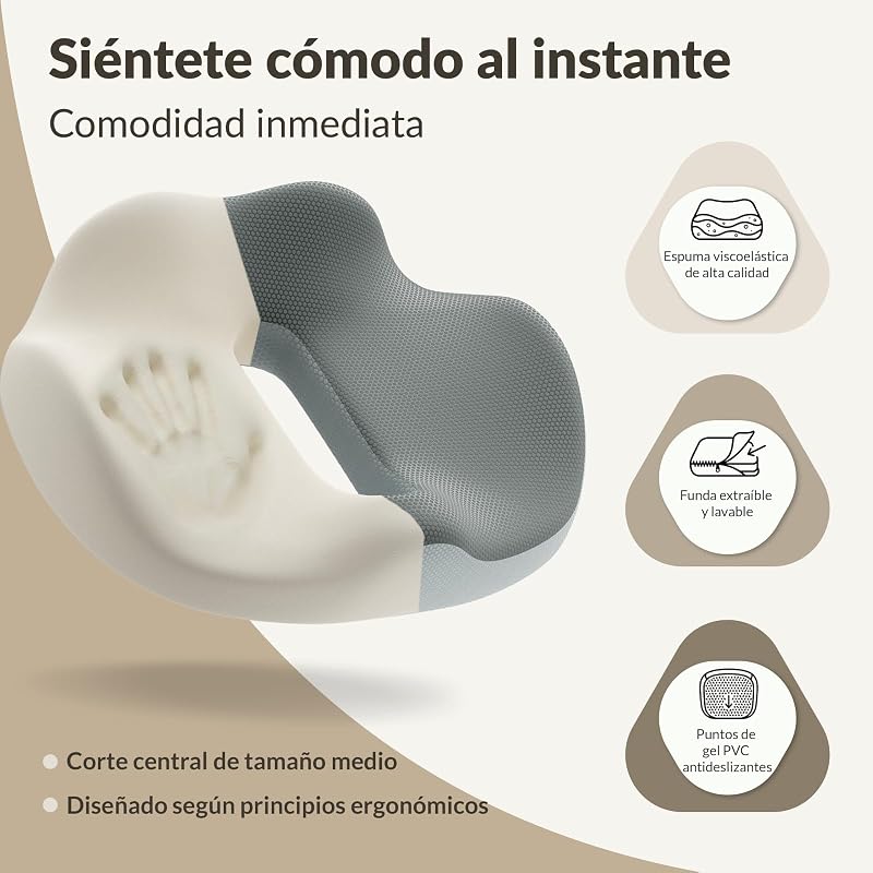 Almofada de cadeira de escritório, almofada ergonómica para cóccix viscoelástico de espuma, almofada ideal para cadeira de computador, jogos e carro, capa lavável, cinzento, 44×37x10,5 cm