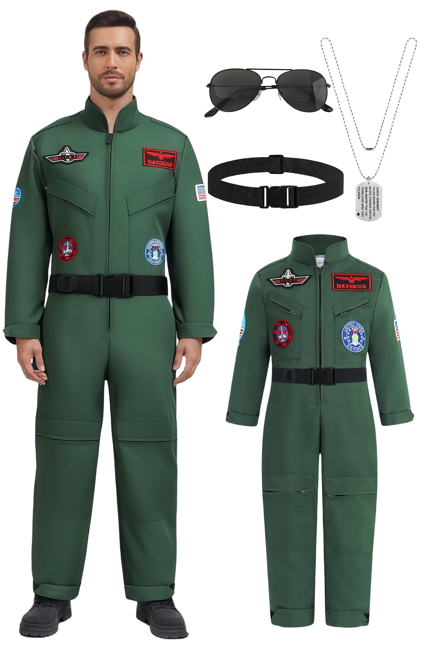 Photo 1 of **MISSING ACCESORIES JUMPSUIT ONLY** IBQ Adult Fighter Pilot Costume Men Air Force Flight Suit Green Jumpsuit Aviator Cosplay Haloween Costumes Roleplay Dress Up Set with Top Accessories BQ050XL
