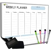 Large Magnetic Weekly Planner for Fridge, Dry Erase Whiteboard Magnet | 17x12" Stain-Resistant Surface, Strong Full-Back Magnet, 7-Day Weekly Planner for Meals &amp; Chores, 4 Markers &amp; Eraser