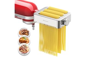 MAVOUSE All Metal Pasta Attachment 3 In 1 Set For Kitchenaid Stand Mixer, Included Pasta Sheet Roller, Spaghetti Cutter, Fettuccine Cutter Maker Accessories And Cleaning Brush