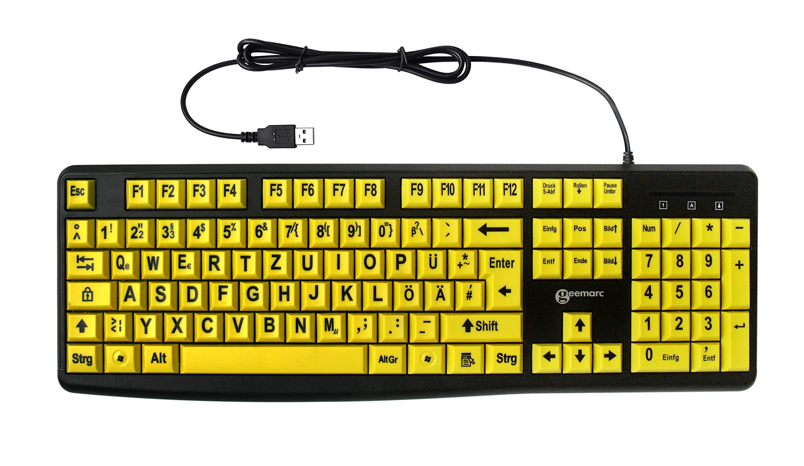 Geemarc Alphanumeric Keyboard with Cable and Large Black Characters on Large Yellow Keys - High Contrast for Visually Impaired - Compatible with Windows XP, Vista, 7, 8, 10 - QWERTZ