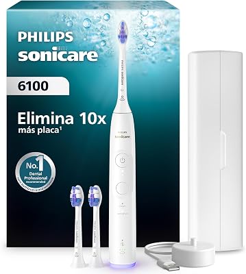 Sonicare 6100 cepillo dental eléctrico, sónico con 2 modos de cepillado y 3 niveles de intensidad, EasyStart, estuche de viaje, blanco, HX7400/02 [Nueva Tecnología]