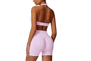 ABOCIW Workout Sets for Women 2 Piece seamless Halter Sports Bra Scrunch Butt Impact Shorts Gym Yoga Outfits