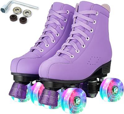 XUDREZ Women Roller Skates High Top Four Wheel PU Purple Flashing Wheels