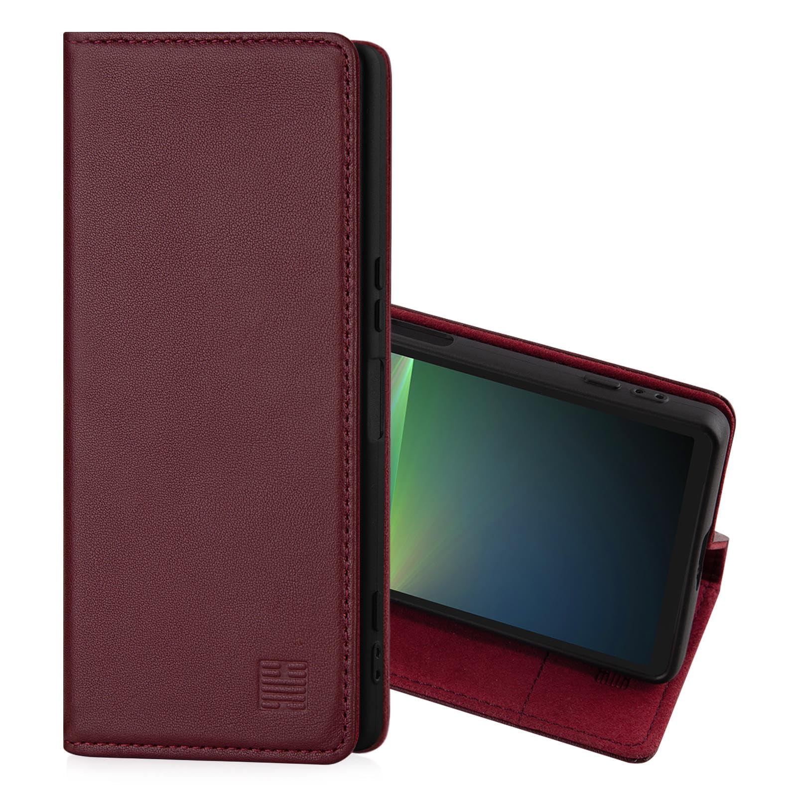 32nd Classic Series 2.0 - Real Leather Book Wallet Flip Case Cover For Sony Xperia 5 V (2023), With RFID Blocking Card Slot, Magnetic Closure and Built In Stand - Burgundy