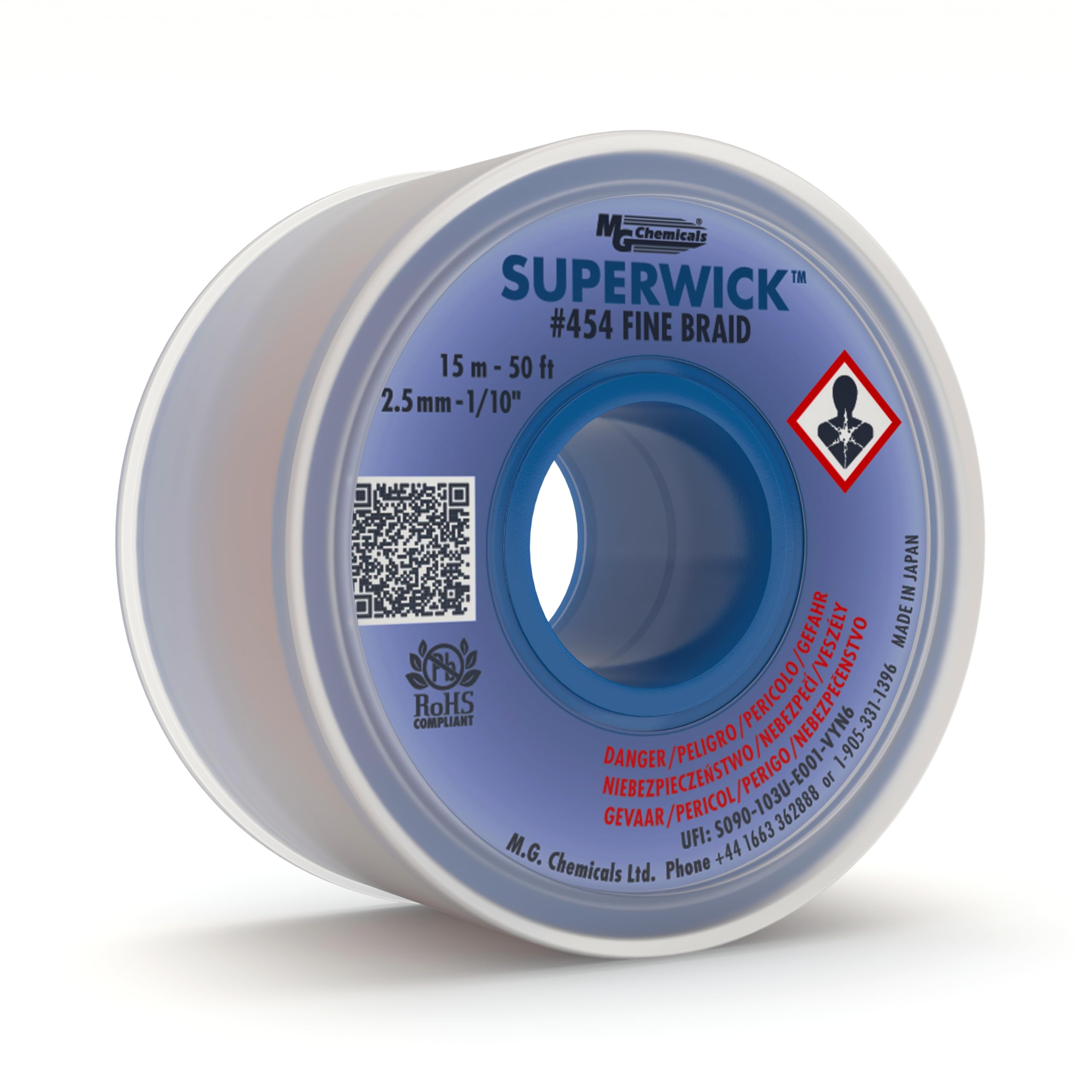 MG Chemicals Desoldering Braid #4 Fine Braid Super Wick with RMA Flux, 50' Length x 0.1" Width, Blue