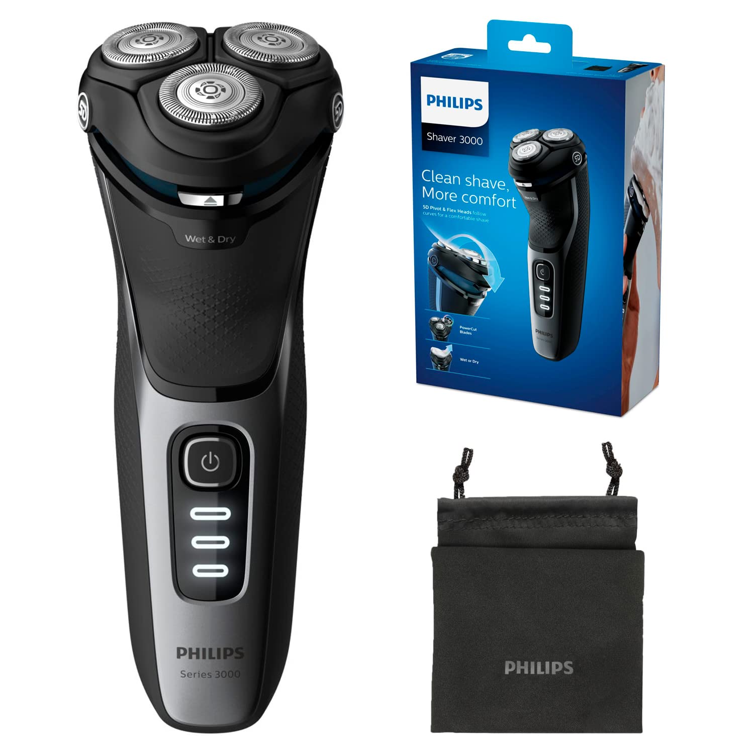 Philips Shaver Series 3000 Dry And Wet Electric Shaver (Model S3233/52), Shiny Black, 2 Pin Bathroom Plug