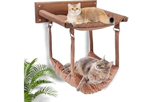 JSPYFITS Wooden Cat Furniture Wall Mounted with Double Layer Hammock Removable Multi-Function Cat Bed for Sleeping, Playing - Premium Modern Cats Bed & Furniture for Small to Large Kitty(Brown)