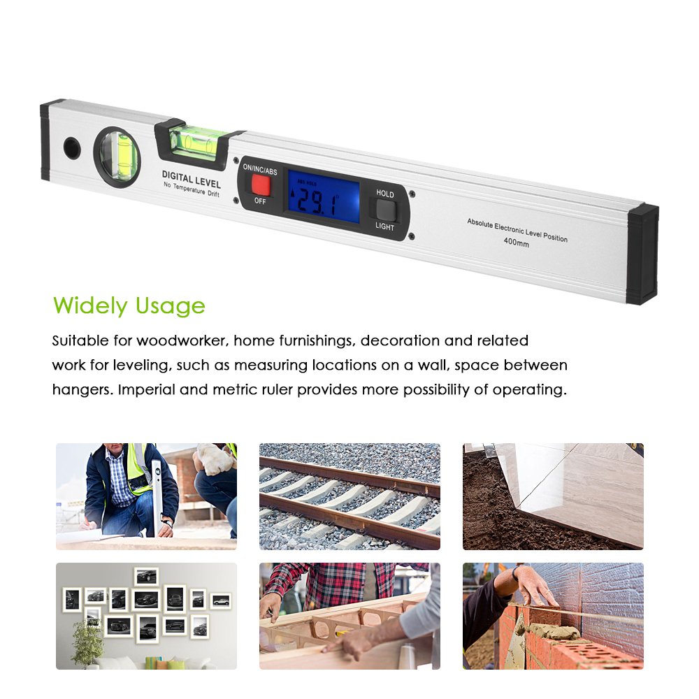 Digital Spirit Level-Angle Finder 4 ✖ 90° Range(Total 360°),Diglife 415mm Level Digital LCD Inclinometer, Upright Magnetic Bottom,with 2 Bubble Block, 4 Strong Integrated Magnets(Silver)