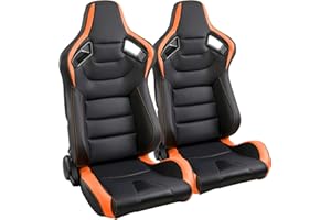 ELOUNTIK 2 Pcs Adjustable Universal Racing Seats with Double Sliders, Reclinable Bucket Seats, 1 Pair of Sport Seats for Vehicles (Black+Orange)