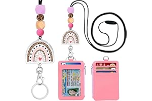 MCAPIRIVO Rainbow Lanyards for Id Badges and Keys, Cute ID Badge Holder with Lanyard, Silicone Beaded Breakaway Lanyard for Women Teacher Nurse, Slim Front Pocket Wallet, Leather ID Case Wallet with Zipper (1)