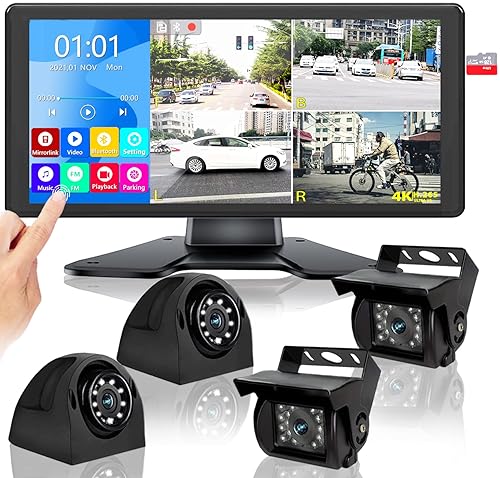 Safety - RV Backup Camera System with 10.36’’ 4K Monitor for RV Truck Bus Trailer with Rear Side View 4 AHD Camera 4 Splits Touch Screen DVR Recording IP69 Waterproof Bluetooth Music Video Playback Avoid Blind