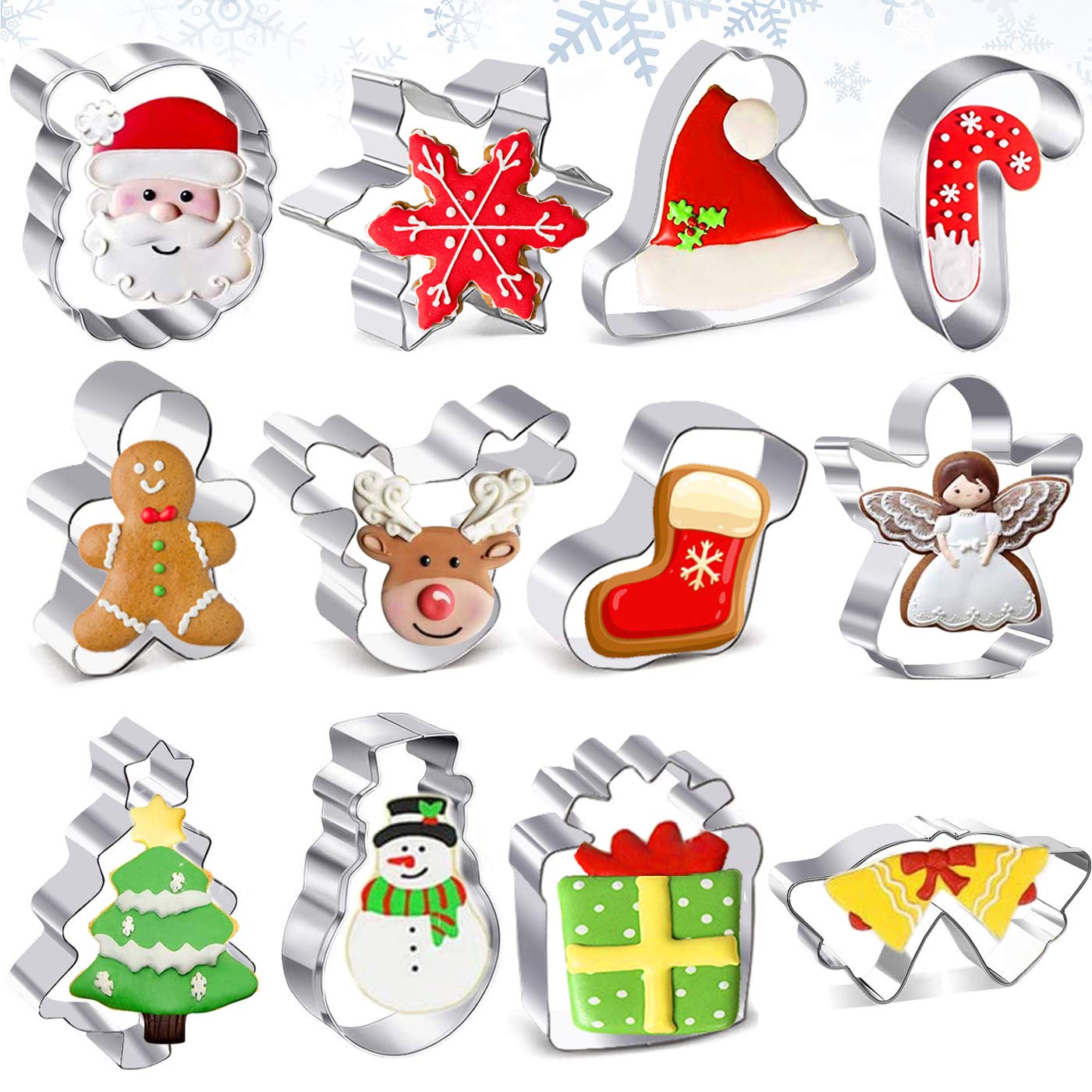 OMNIQI Christmas Cookie Cutter Shapes Set, 12 Pcs No-Repeat Christmas Cookie Cutters Gingerbread Man Cutters, Stainless Steel Bourbon Biscuit Cutter Snowflake Cutter for Christmas Decorations