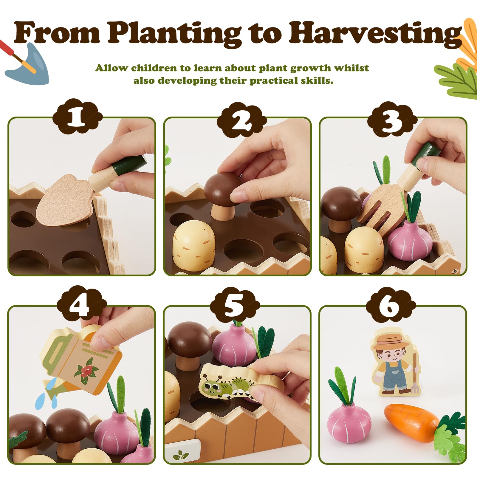 HERSITY Lebensmittel Spielzeug Holz, Karotten Steckspiel Kinder Bauernhof Spielzeug, Garten Spiele Holzspielzeug ab 3 Jahr, Lernspielzeug Geschenk für Mädchen Jungen 3 4 5 Jahren (Braun) 3