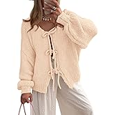 PRETTYGARDEN Women's Tie Front Bow Cardigan Sweaters Chunky Knit Long Puff Sleeve Trendy Fall Winter Jacket Coats