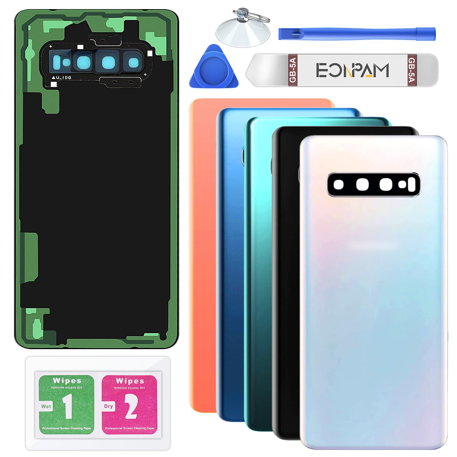 Eonpam Back Cover Glass for Samsung Galaxy S10+ Plus G975 Rear Glass Replacement with Camera Lens + Repair Kit Genuine Rear Housing (Prism White)