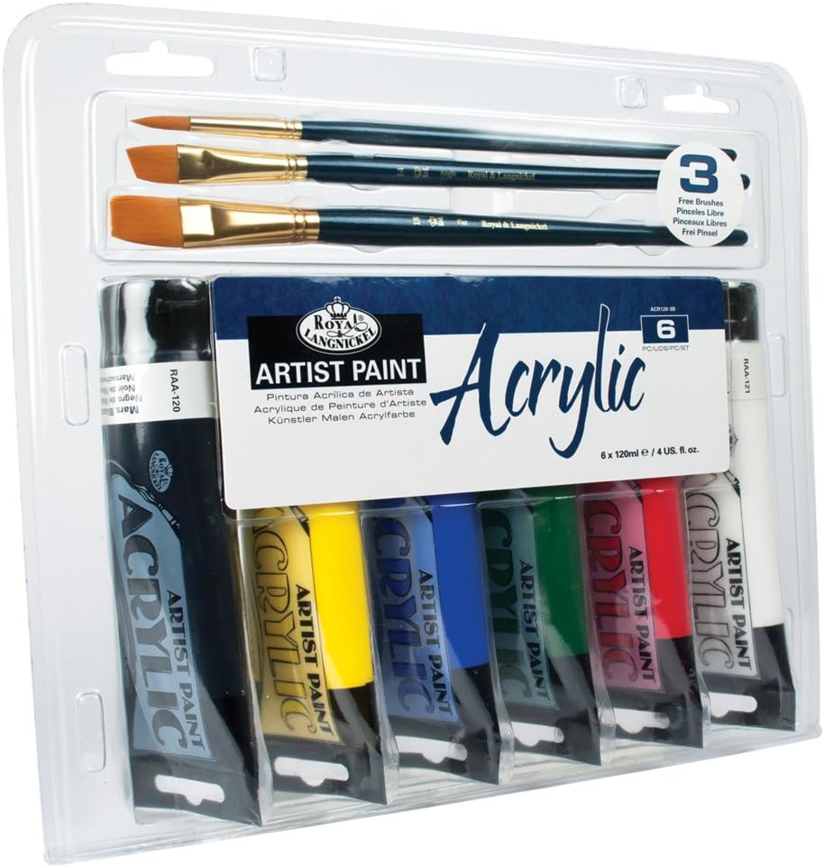 Royal & Langnickel Acylic set 6 x 120ml (4oz) + 3 brushes, Multicolor, 4 Fl Oz (Pcack of 6)