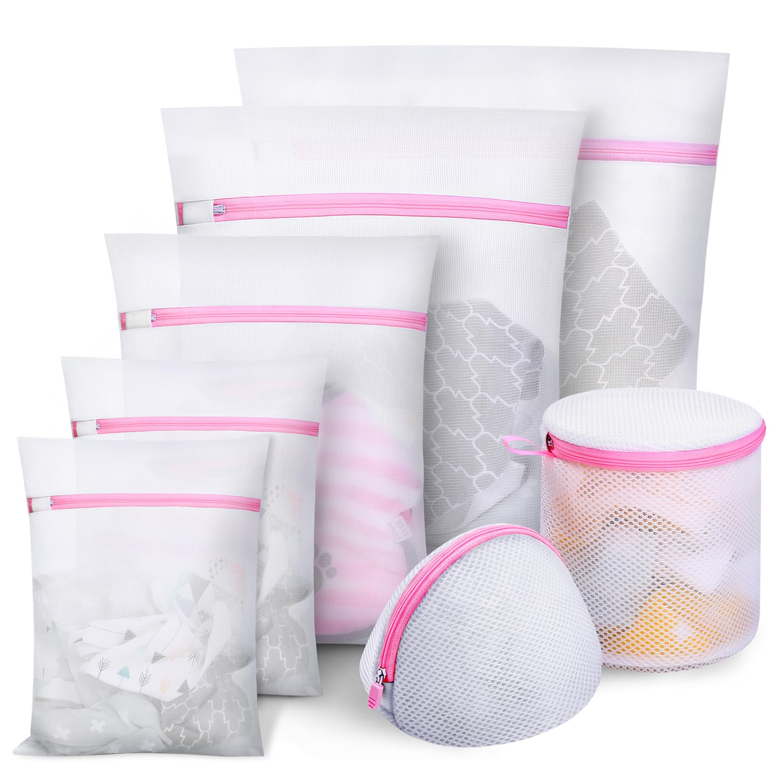 HIYAA Set of 7 Laundry Bags Laundry Nets - Polyester - Pink - Zipper - XL, S, M - Rectangular - Storage Bag - Clothing