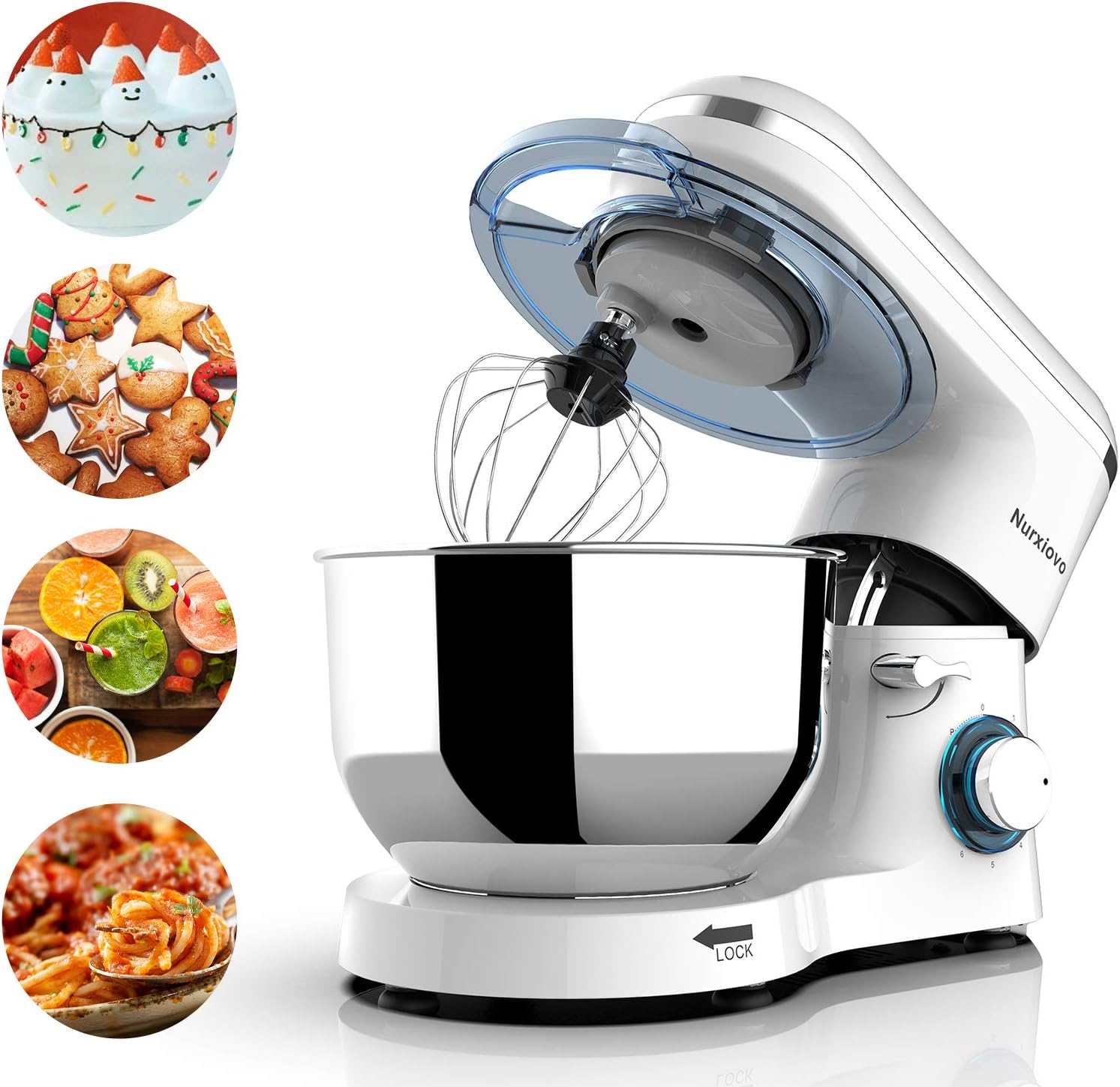 Nurxiovo 6-Speed Electric Mixer 7QT Stand Mixer Kitchen Tilt-Head Food Mixer with Stainless Steel Bowl 660W Dough Hook Whisk Beater White