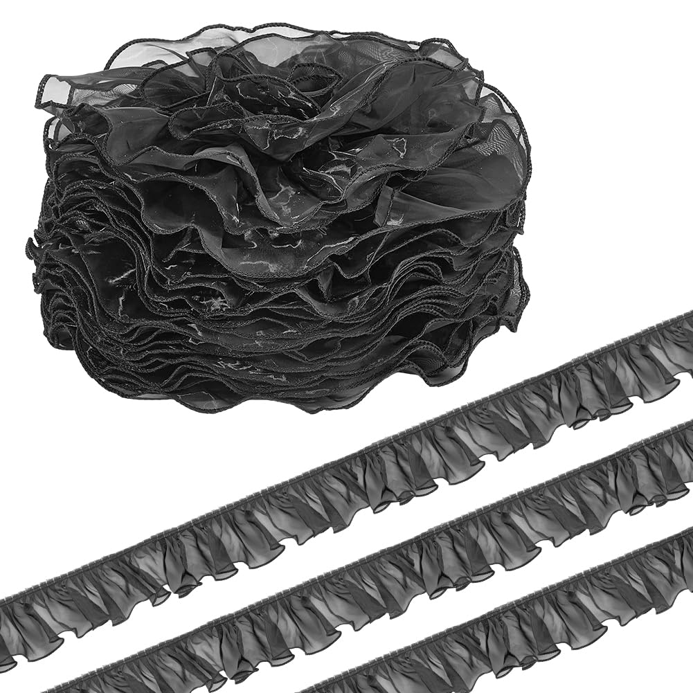 HOBBIESAY 6.56 Yard/6M Black Ruffle Ribbon Lace Polyester Pleated Lace Trim Satin Ruffled Ribbon for Dress Collars Sleeves Decoration Throw Pillow Halloween Cosplay Costume Decor