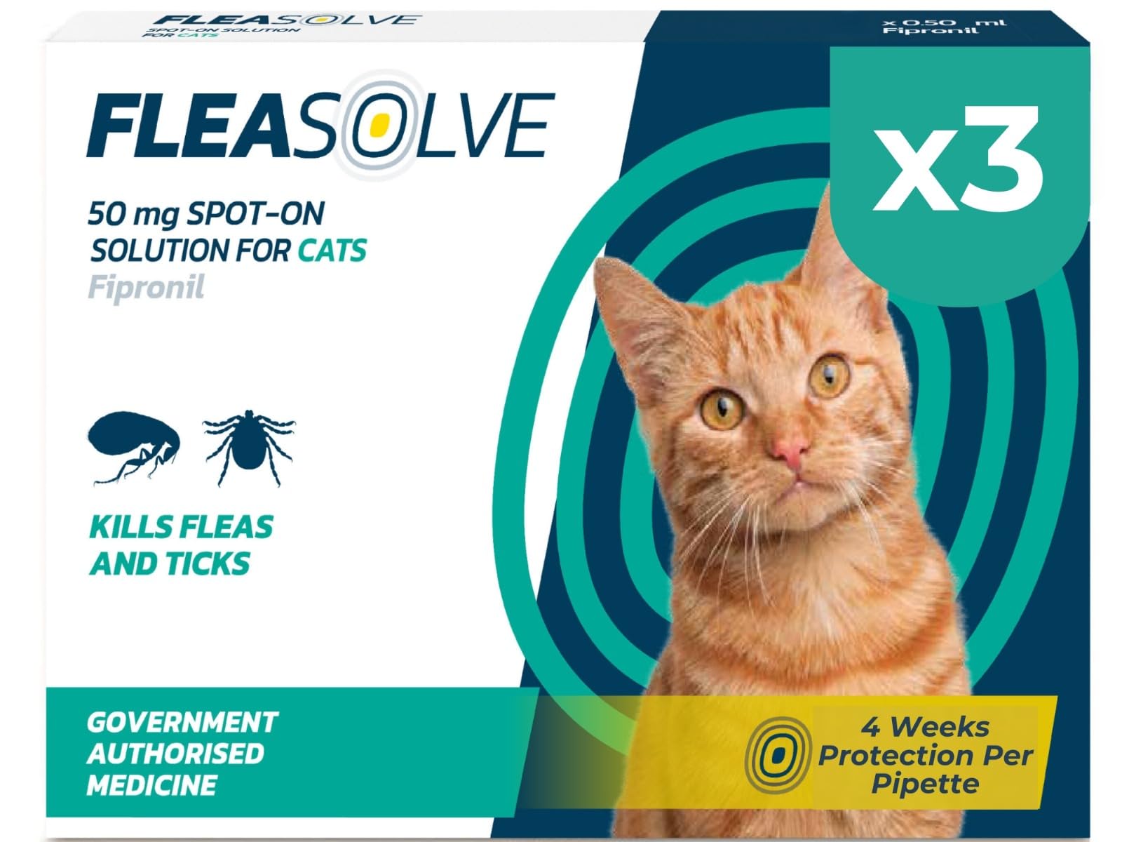 Cat Flea Treatment Spot On x 3 Pack - Flea Treatment Cat Spot On for Cats & Kittens Over 1kg - 3 Pipettes, 3 Doses - Fast-Acting FleaSolve Solution