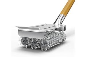 HOUSE AGAIN Grill Brush Bristle Free, 304 Stainless Steel Food-Grade Brush Head with Scraper, Safe BBQ Outdoor Grill Cleaning Brush Strong Barbecue Brush Cleaner Non Wire for Grill Grate/Wooden Handle