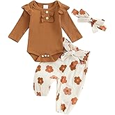 BemeyourBBs Newborn Baby Girl Clothes Ruffle Romper Bodysuit Top Floral Bow Pants Set with Headband Infant Fall Winter Outfit